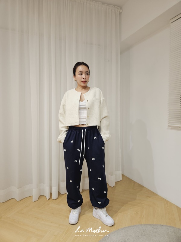 蝴蝶結刺繡抽繩運動長褲